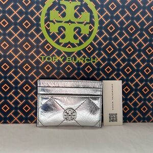 Tory Burch Willa Metallic Slim Card Case Card Wallet Silver